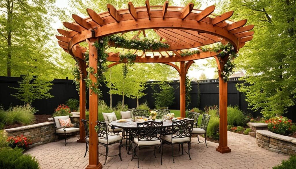 Variety of outdoor structures including pavilion, pergola, arbor, and cabana